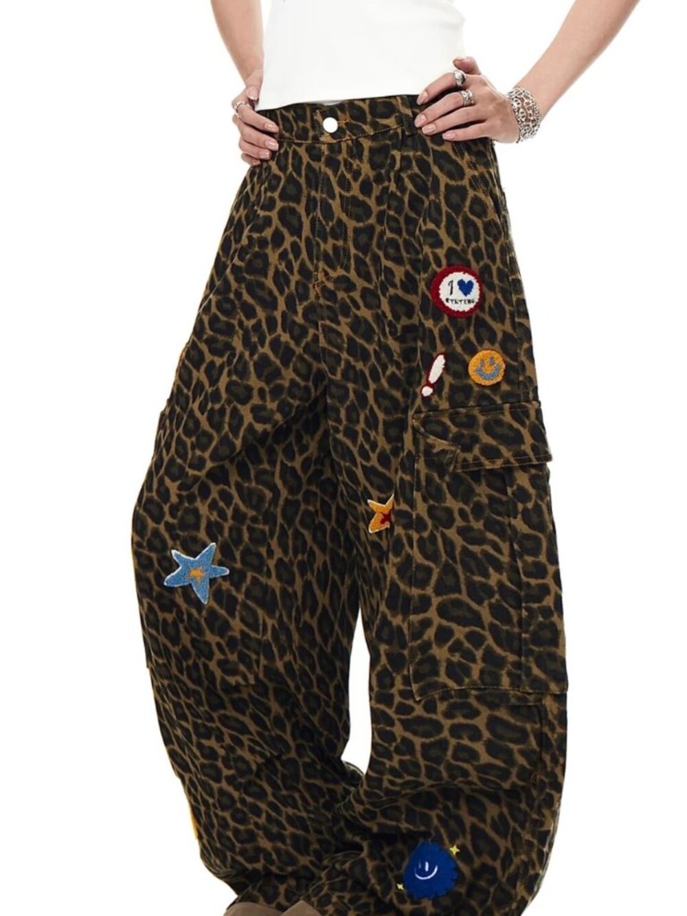 Leopard Patchwork Star Cargo Pants – Wide Leg Streetwear Unisex NWT
